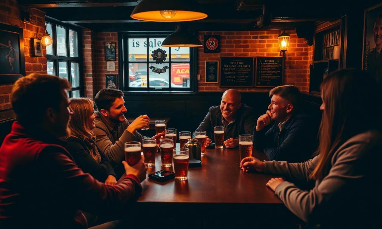Friends laughing in a cosy British pub