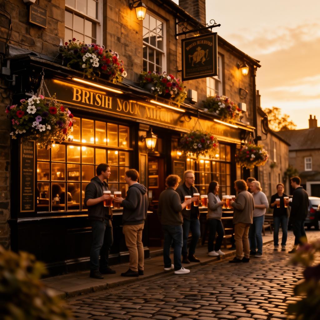 Traditional British pub at golden hour with friends gathered outside